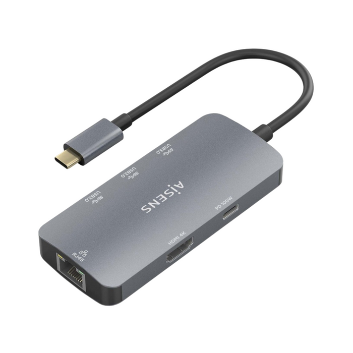 USB-C Dock 6 en 1 con HDMI, RJ45, 3x USB-A y USB-C PD 100W - Gris, 15 cm