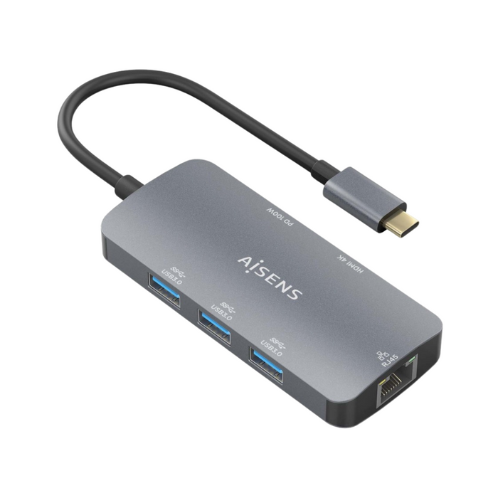 USB-C Dock 6 en 1 con HDMI, RJ45, 3x USB-A y USB-C PD 100W - Gris, 15 cm
