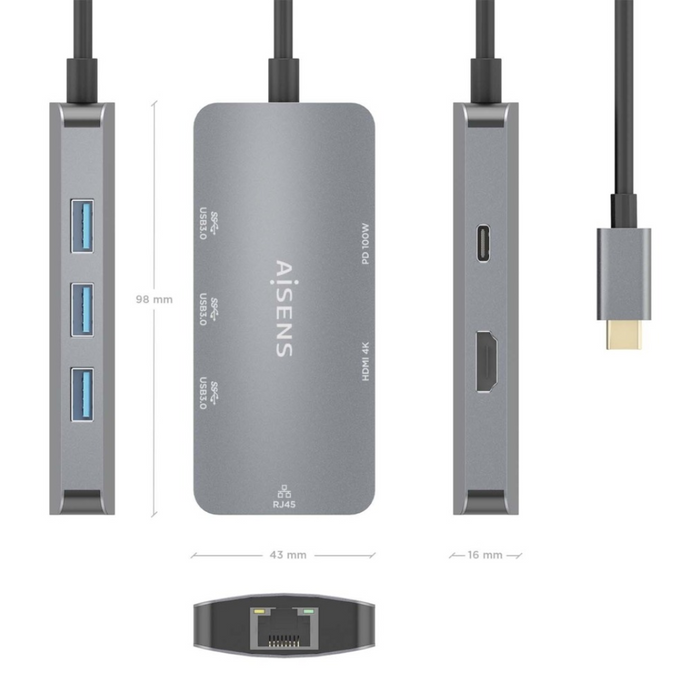 USB-C Dock 6 en 1 con HDMI, RJ45, 3x USB-A y USB-C PD 100W - Gris, 15 cm