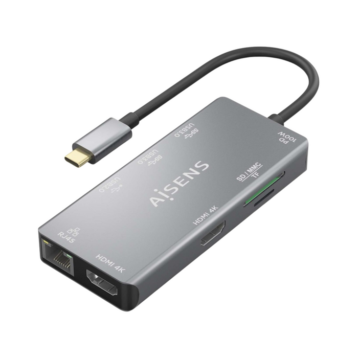 USB-C Dock 9 en 1 con HDMI, RJ45, USB-A, USB-C PD y Lector SD/TF - Gris, 15 cm