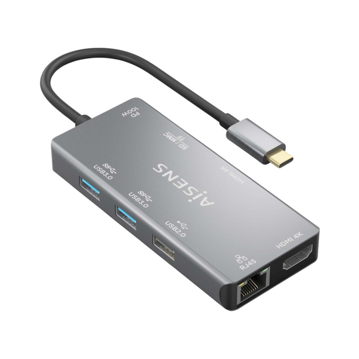USB-C Dock 9 en 1 con HDMI, RJ45, USB-A, USB-C PD y Lector SD/TF - Gris, 15 cm