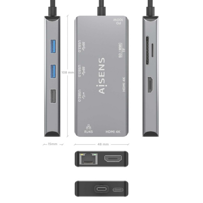 USB-C Dock 9 en 1 con HDMI, RJ45, USB-A, USB-C PD y Lector SD/TF - Gris, 15 cm